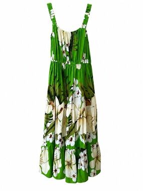 Coco Beach Hawaii Green Floral Tiered Midi Dress one cotton blend